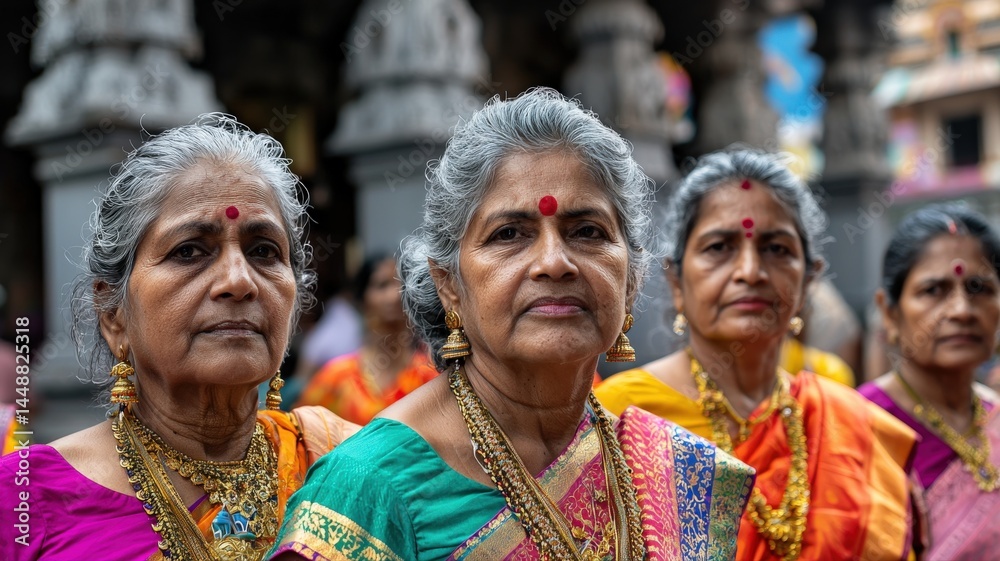 Fototapeta premium A group of Hindu women in colorful saris carrying offerings to a temple, cultural vibrance
