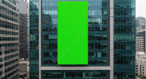Blank billboard PSD. Green advertising billboard on glass office building