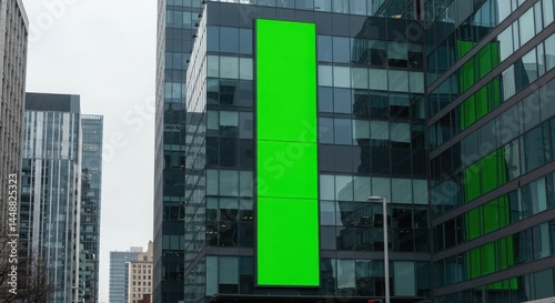 Blank billboard PSD. Green digital advertising display on modern office building