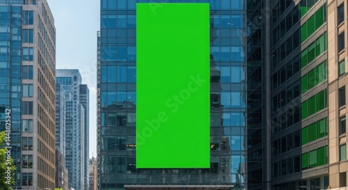 Blank billboard PSD. Green advertisement board on modern urban building