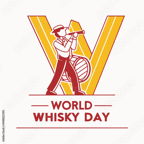 World Whisky Day: A vintage advertisement celebrating World Whisky Day, featuring a classic illustration of a musician and an elegant "V" design. 