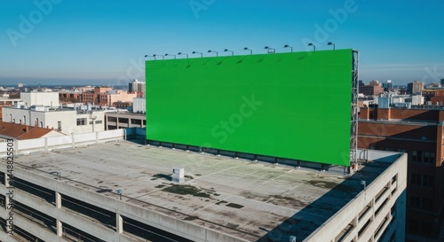 Blank billboard PSD. Green billboard on rooftop against clear blue sky