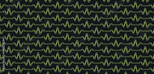 Green Waveform on Black Texture. Pulse shape line art seamless geometric vector pattern design in green color.