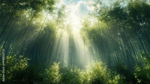 Sunlight filtering through a dense bamboo forest photo