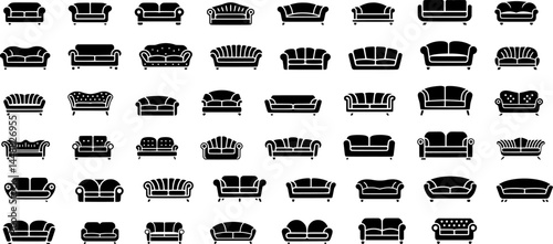 Set of Two-Seater Loveseat Silhouettes – 2 Person Couch, Small Sofa, Modern Settee, Minimalist Bench Seating Vector Collection – Isolated on Transparent Background