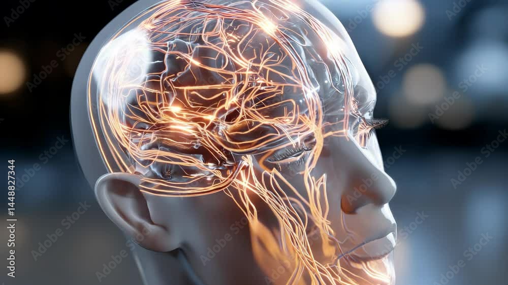 Human head anatomy model depicting internal nerve network and brain structure in detail, digital rendering with transparent skin