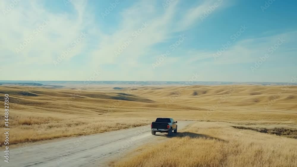 Pickup Truck Driving on Dirt Road in Golden Prairie Pickup Truck Driving on Dirt Road in Golden Prairie