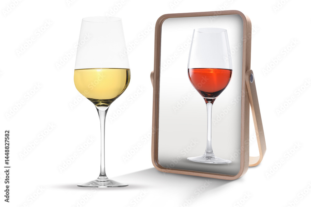 White wine in glass reflecting in mirror as red, white background. Opposite, contrast, difference White wine in glass reflecting in mirror as red, white background. Opposite, contrast, difference