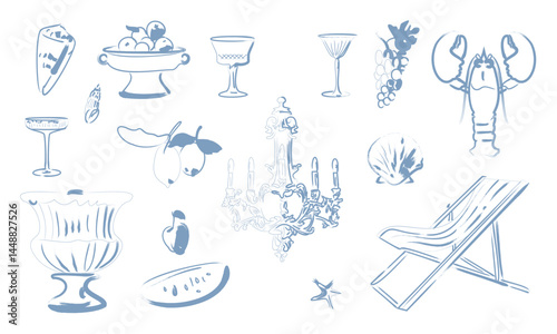 Italian style vacation hand drawn vector illustrations in grunge rough doodle sketch style elements. Fruits, chair vacation blue chalk charcoal style drawings for poster, placard or emblem.