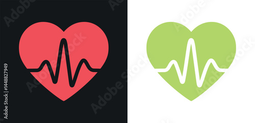 Red and green heart with pulse line icon isolated on a black and white background. Heartbeat medical concept.