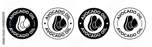 Avocado oil icon set. Avocado with oil drop label, logo, badge, sticker, symbol, emblem, stamp, circle, line, flat vector isolated on white background. Avocado oil label for product packaging design