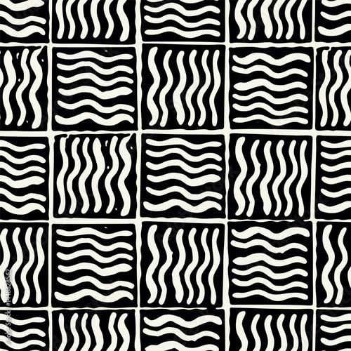 Vector seamless pattern. Linocut abstract print. Graphic hand drawn background. Stamped monochrome texture. Repeating print with hatched squares.