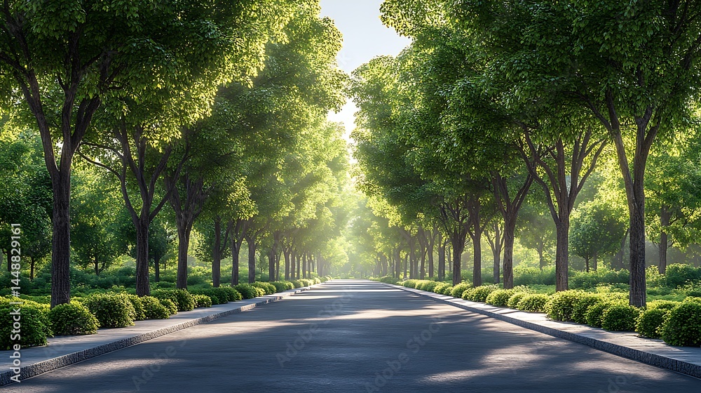 Obraz premium Serene Pathway With Lush Green Trees In Summertime Sunlight High Resolution Photo