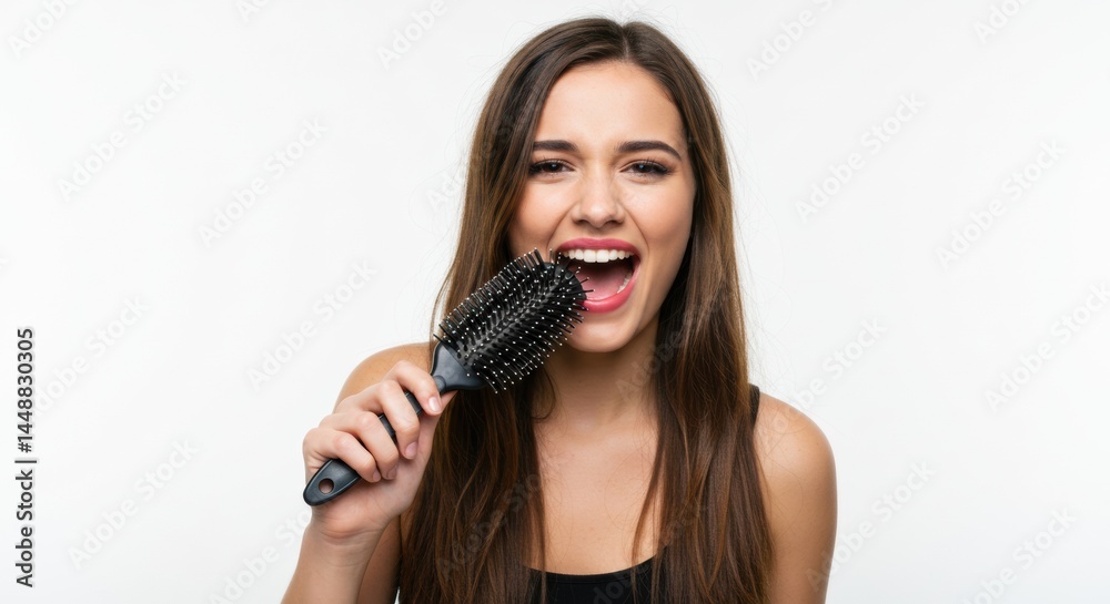 Enthusiastic woman singing into a hairbrush, her face alight with joy, set against a plain white backdrop, showing uninhibited fun and energy. Enthusiastic woman singing into a hairbrush, her face alight with joy, set against a plain white backdrop, showing uninhibited fun and energy.