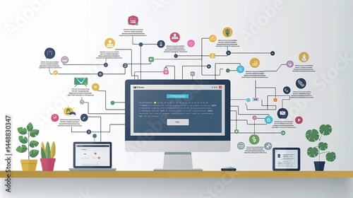 Infographic detailing the process of digital marketing from exploring buyer personas to optimizing social media content and achieving KPI's