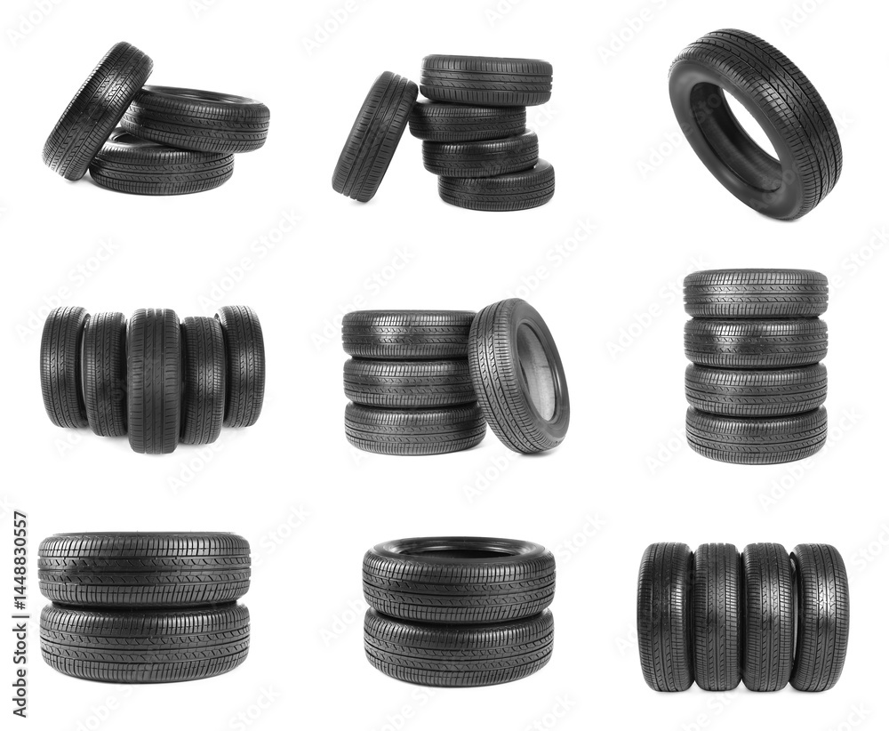 Set of car tires isolated on white