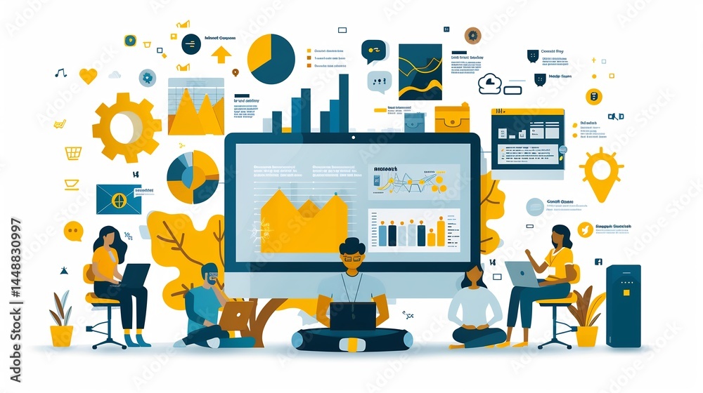 Infographic detailing the process of digital marketing from exploring buyer personas to optimizing social media content and achieving KPI's Infographic detailing the process of digital marketing from exploring buyer personas to optimizing social media content and achieving KPI's