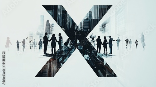 Silhouette figures and cityscapes forming a capital letter X.