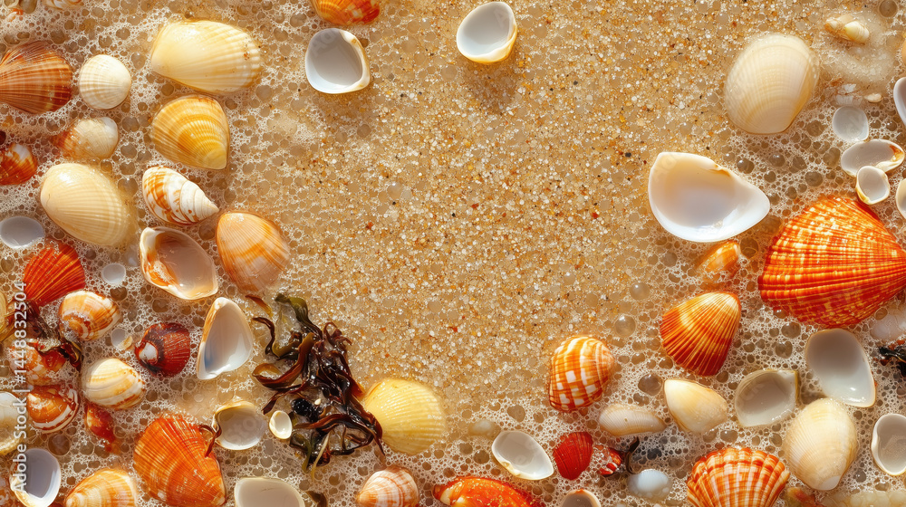 Obraz premium Colorful seashells scattered on wet sand with gentle waves lapping in a serene beach setting on a sunny day