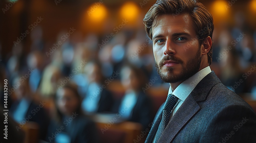 Fototapeta premium American CEO a tailored suit attending a seminar medium shot 85mm f12L USM