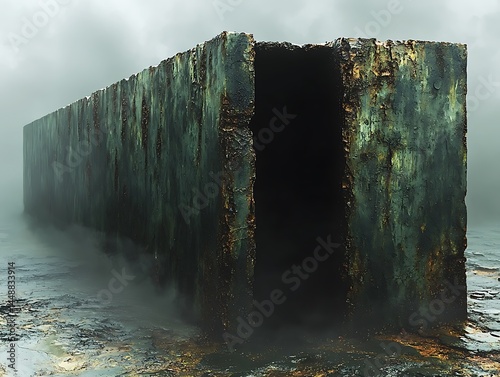 A rusted, rectangular structure stands amidst a misty, desolate landscape, revealing a dark, gaping interior