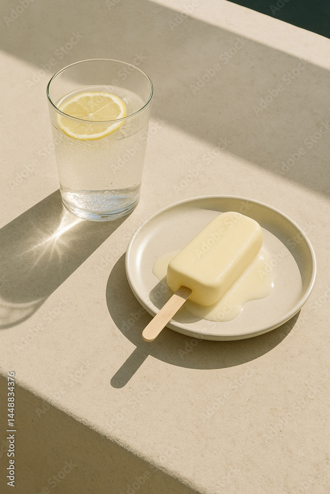Lemon Water and Vanilla Popsicle on Sunny Terrace — Minimalist Summer Refreshment