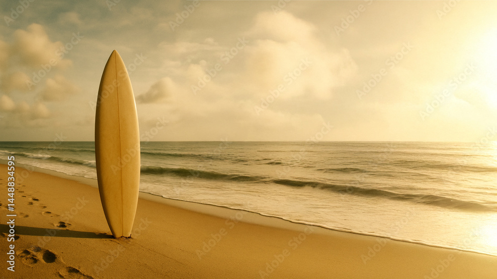 Surfboard Standing on Serene Beach — Golden Hour Light and Summer Freedom
