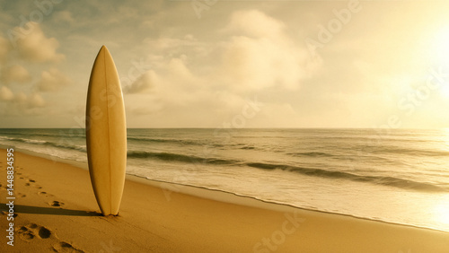 Obraz na płótnie Surfboard Standing on Serene Beach — Golden Hour Light and Summer Freedom w salonie