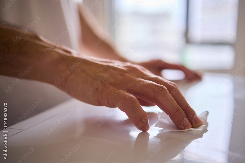A person is meticulously hand cleaning a surface using a cloth in a bright and inviting environment A person is meticulously hand cleaning a surface using a cloth in a bright and inviting environment