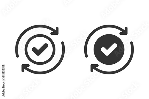 Update transaction icon set, rotating check mark tick as automatic pay graphic illustration, sync verification spin cycle