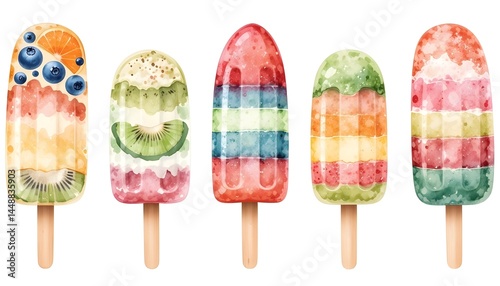 Watercolor popsicle set with colorful fruity playful summer designs.