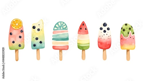 Watercolor popsicle set with colorful fruity playful summer designs.