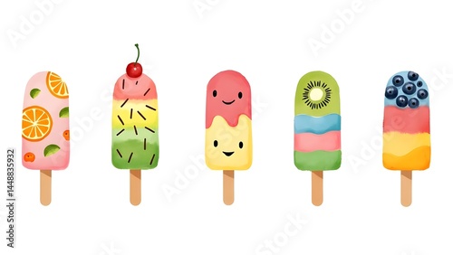 Watercolor popsicle set with colorful fruity playful summer designs.
