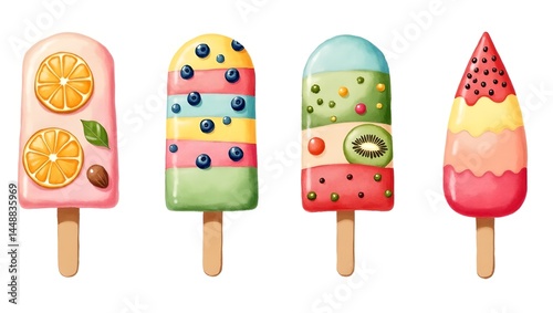 Watercolor popsicle set with colorful fruity playful summer designs.