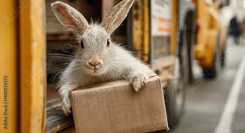 Fototapeta Naklejka Na Ścianę i Meble -  Rabbit delivery worker peering out of truck while holding cardboard box for transport and shipment in a delivery