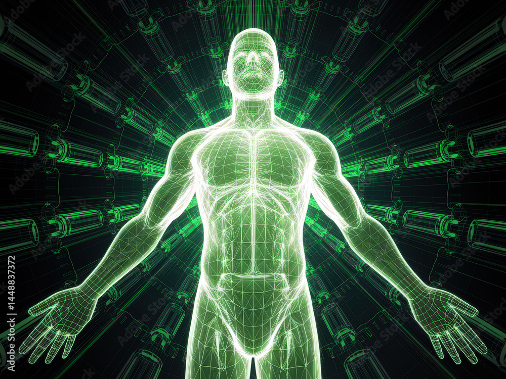 Futuristic 3D Wireframe Human Figure with Sci-Fi Background Futuristic 3D Wireframe Human Figure with Sci-Fi Background