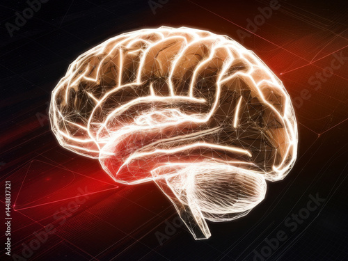 Orange Glowing Wireframe Human Brain on Dark Background