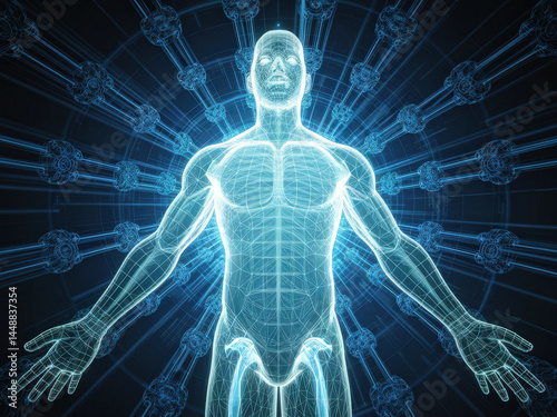 Futuristic 3D Wireframe Human Figure with Sci-Fi Background