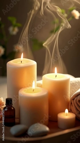 A relaxing spa treatment with candles, essential oils and stones in a tranquil setting.