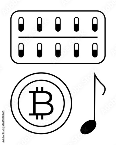 Pill pack with capsules, Bitcoin cryptocurrency symbol, and music note. Ideal for health, investment, digital currency, innovation, technology creativity entertainment themes. Flat simple metaphor