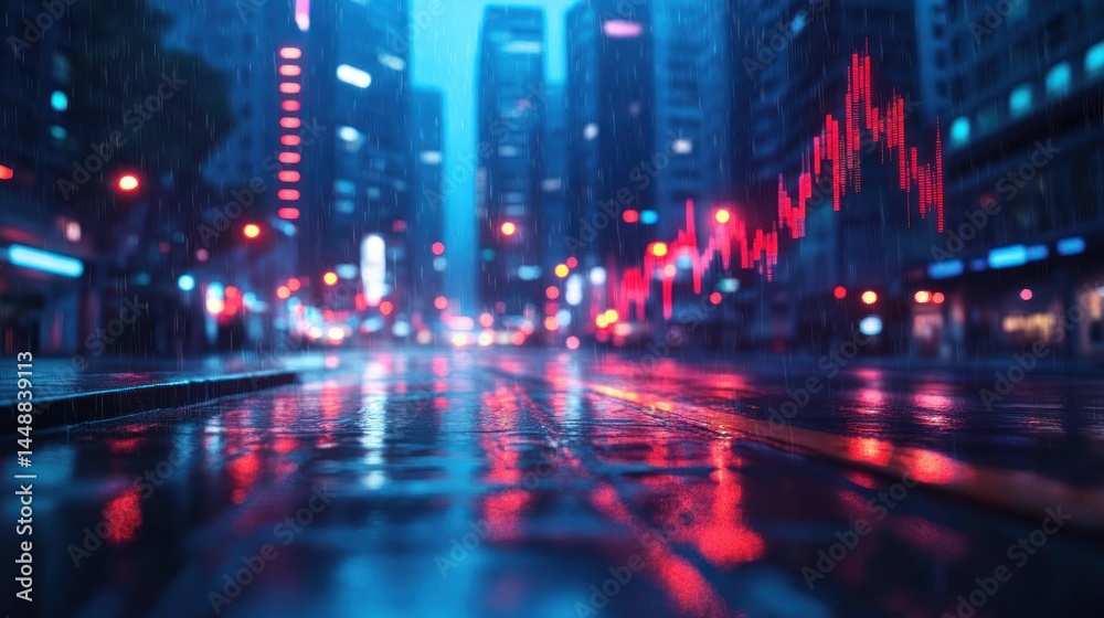 Obraz premium Urban Rainy Night, Financial District