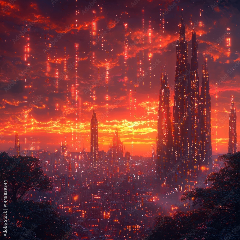 Obraz premium Futuristic Cityscape with Tall Buildings and Glowing Skies at Sunset
