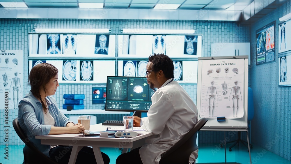 General practitioner presenting the diagnostic report at checkup with patient, discussing about treatment plan. Medic showing x ray imaging and scans on computer, medical results. Camera B. General practitioner presenting the diagnostic report at checkup with patient, discussing about treatment plan. Medic showing x ray imaging and scans on computer, medical results. Camera B.