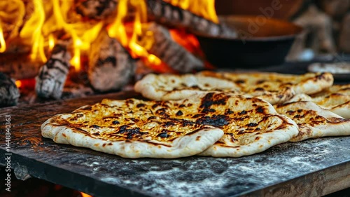 Wallpaper Mural Rustic flatbread baking in traditional woodfired oven with flames dancing Torontodigital.ca