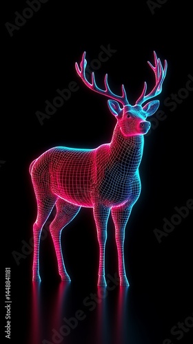 Neon deer with glowing antlers on a dark background photo