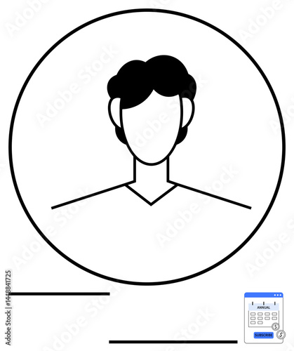 Simplified avatar in circular frame with text lines and small calendar icon, representing identity, profile creation, online scheduling, personal account management. Ideal for social media, contact