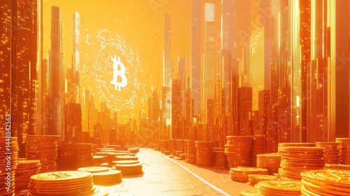 Digital cityscape, bathed in warm light, with stacks of golden coins lining a road, a bitcoin symbol prominent in the center