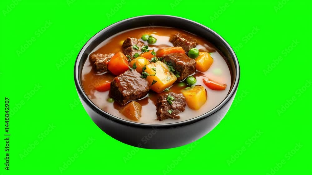 Tender beef stew with colorful vegetables in a black bowl on a green screen setting for recipe inspiration Tender beef stew with colorful vegetables in a black bowl on a green screen setting for recipe inspiration