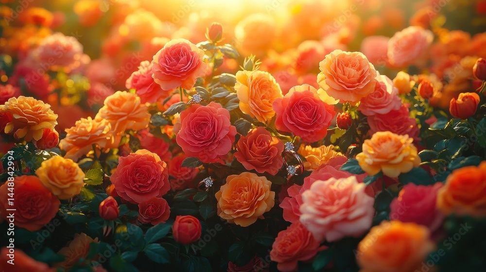 Obraz premium Vibrant rose garden in golden sunlight
