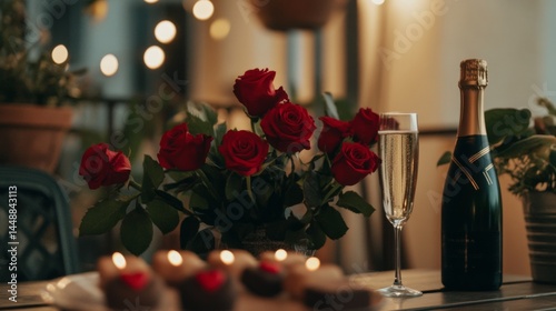 Fototapeta Naklejka Na Ścianę i Meble -  A bottle of champagne sits next to a vase of red roses on a table. The table is set for a romantic dinner, with a plate of chocolate truffles and a lit candle. Scene is one of love